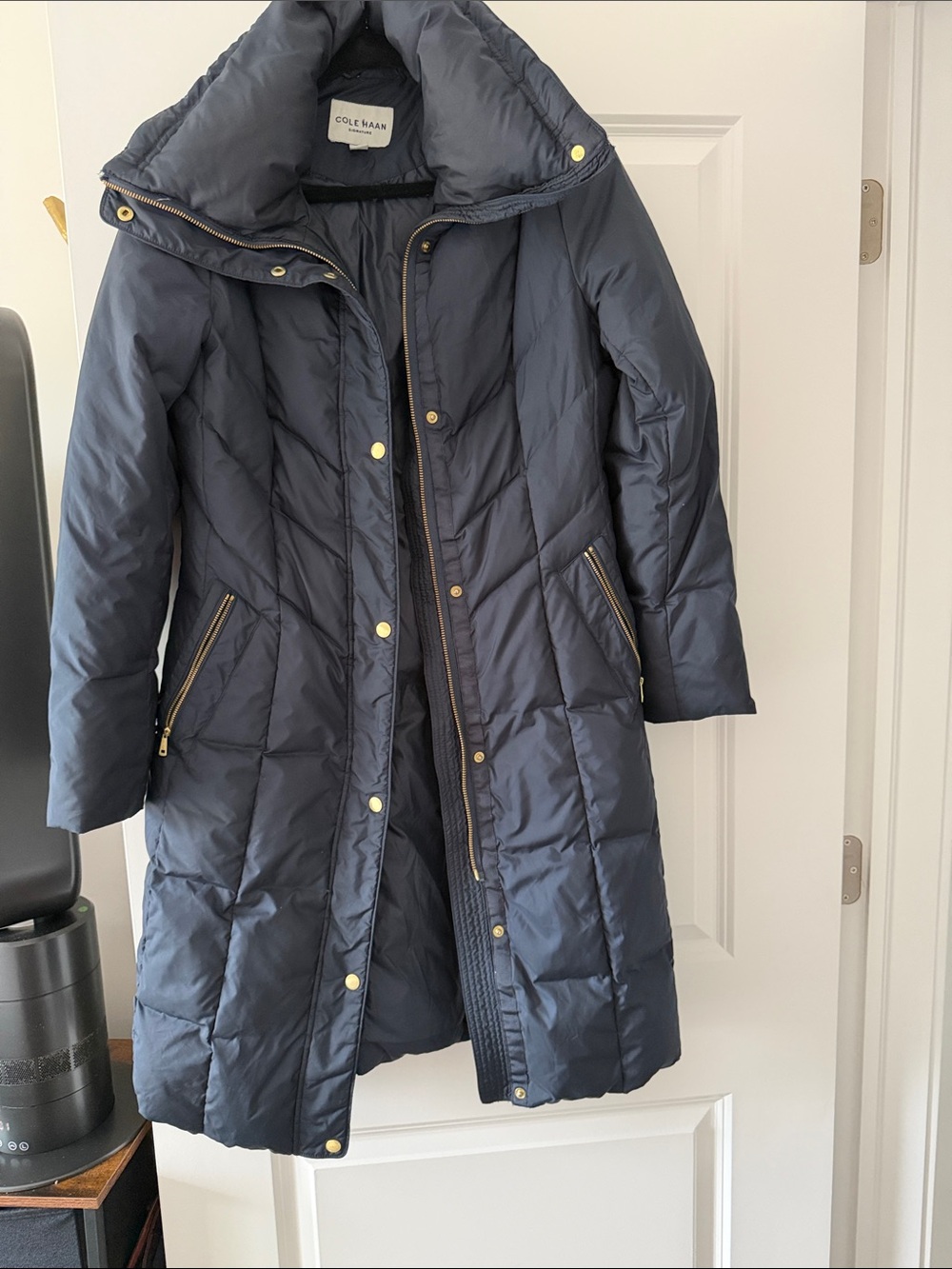 Cole Haan Navy Long Quilted Puffer Coat with Gold Accents